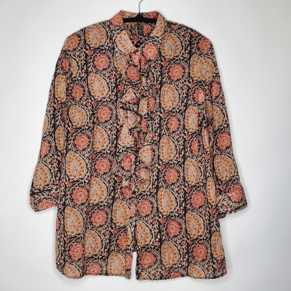 Lauren Ralph Lauren Paisley Print Ruffle Blouse Size 1X Button Front Shirt Femme - Picture 1 of 13